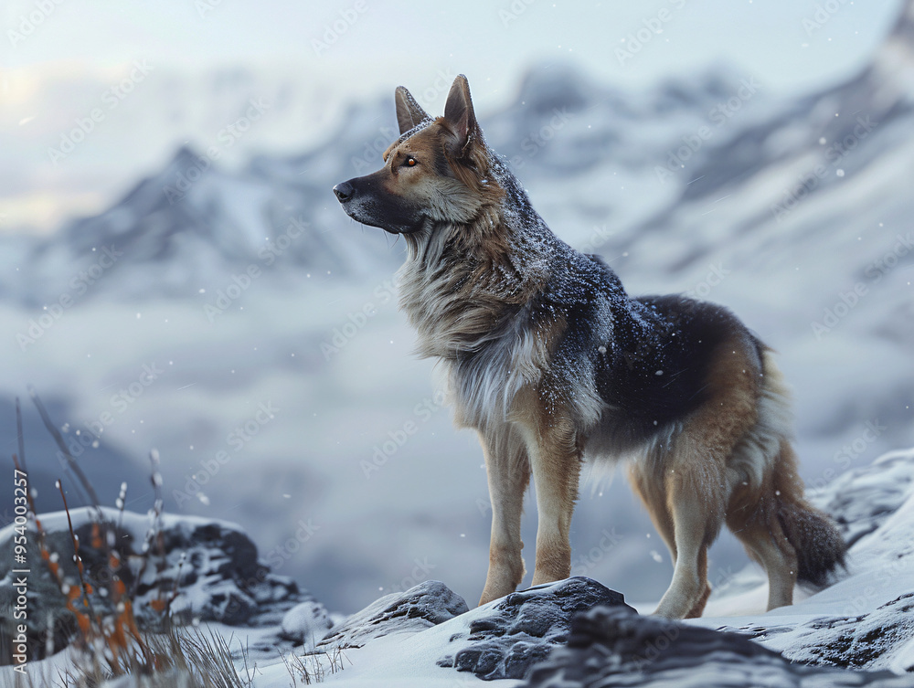 A rugged Alaskan Shepherd standing proudly in a snowy, mountainous landscape. The dog should have a thick, well-groomed coat and a strong, alert stance, with snow-covered peaks and a cold, crisp atmo
A rugged Alaskan Shepherd standing proudly in a snowy, mountainous landscape. The dog should have a thick, well-groomed coat and a strong, alert stance, with snow-covered peaks and a cold, crisp atmo