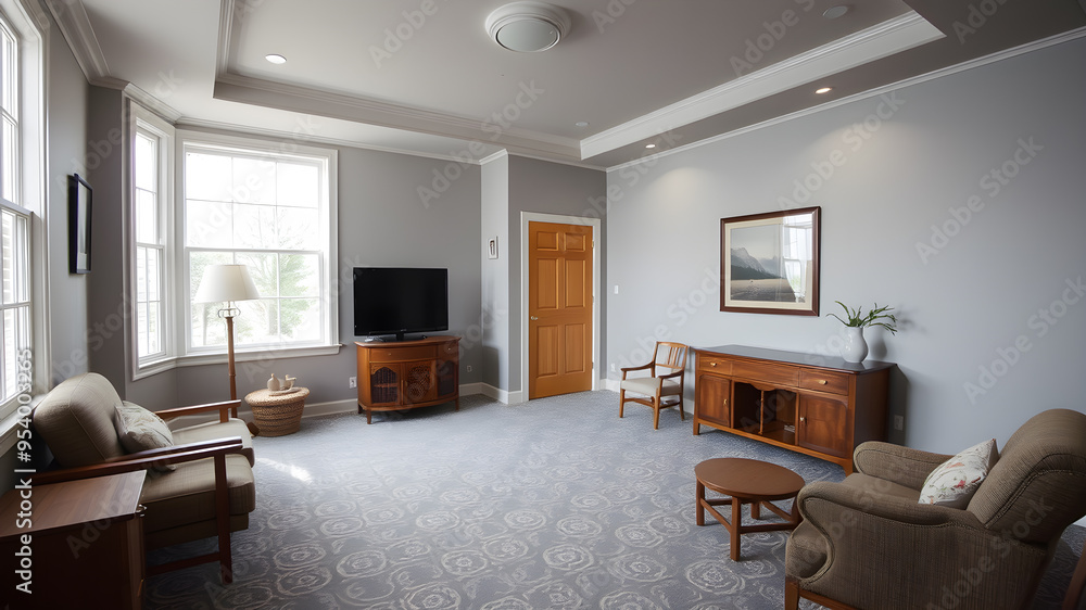 Gray room with a patterned carpet and wooden furnishings. Generative AI Gray room with a patterned carpet and wooden furnishings. Generative AI