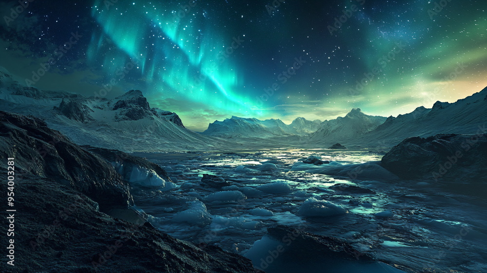 Stunning view of the northern lights over an icy landscape Stunning view of the northern lights over an icy landscape