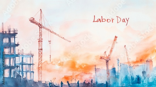 A watercolor painting of a busy construction site at sunrise with soft hues and Labor Day elegantly scripted above photo