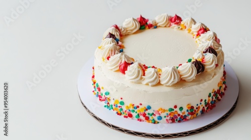 Colourful creamy birthday cake with sprinkles isolated on white background with copy space. Sweet dessert for party