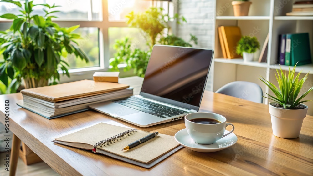 A tidy workspace with a laptop, notebook, and pen, surrounded by scattered papers, folders, and a cup of A tidy workspace with a laptop, notebook, and pen, surrounded by scattered papers, folders, and a cup of