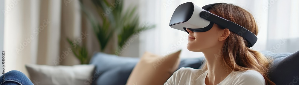 Woman using virtual reality headset in a modern home setting, experiencing immersive technology, and relaxing on a comfortable couch. Woman using virtual reality headset in a modern home setting, experiencing immersive technology, and relaxing on a comfortable couch.