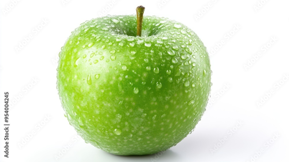 Ripe green apple with drops of water isolated on white background. Fresh sweet fruit, natural organic healthy food Ripe green apple with drops of water isolated on white background. Fresh sweet fruit, natural organic healthy food