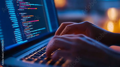 Close-up of hands typing code on laptop keyboard.  Blue light illuminates the screen displaying lines of code.