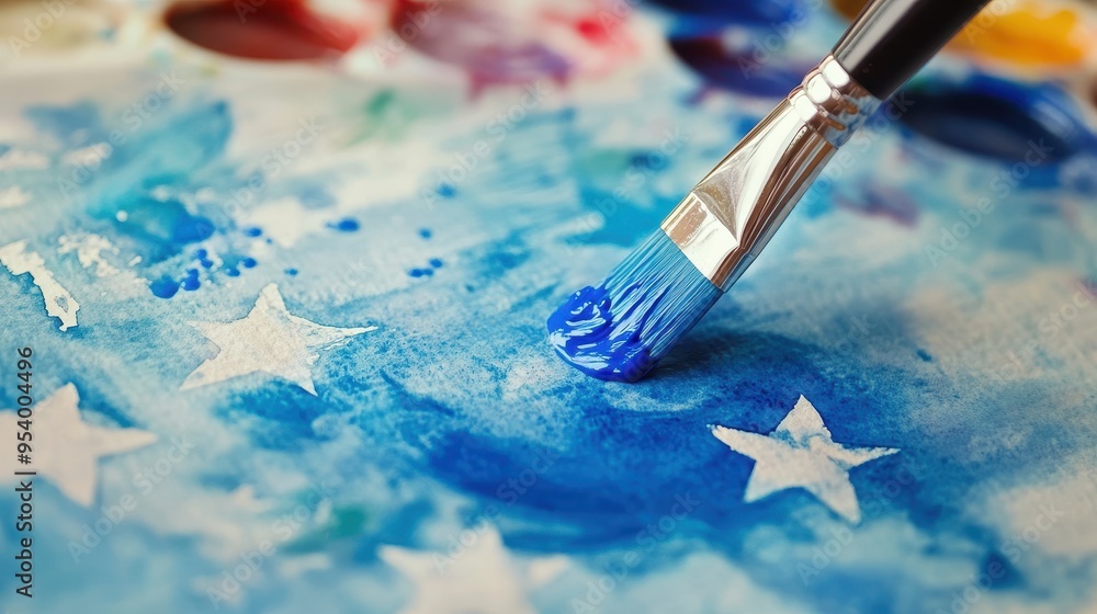 Fototapeta premium Creative Process - Painting American Flag with Watercolor Stars Close-Up