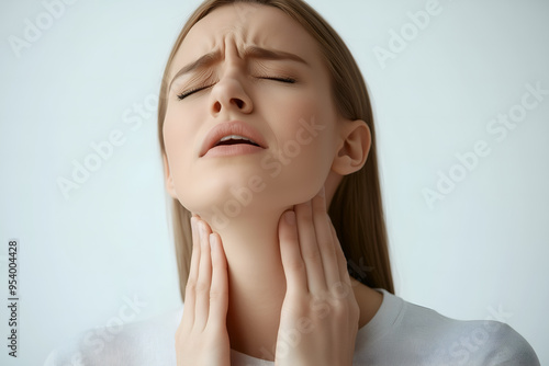 European woman with neck pain. Concept of sore throat, pharyngitis, laryngitis, thyroiditis, choking