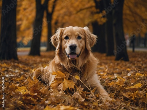 Autumn-themed photo featuring a golden retriever dog.