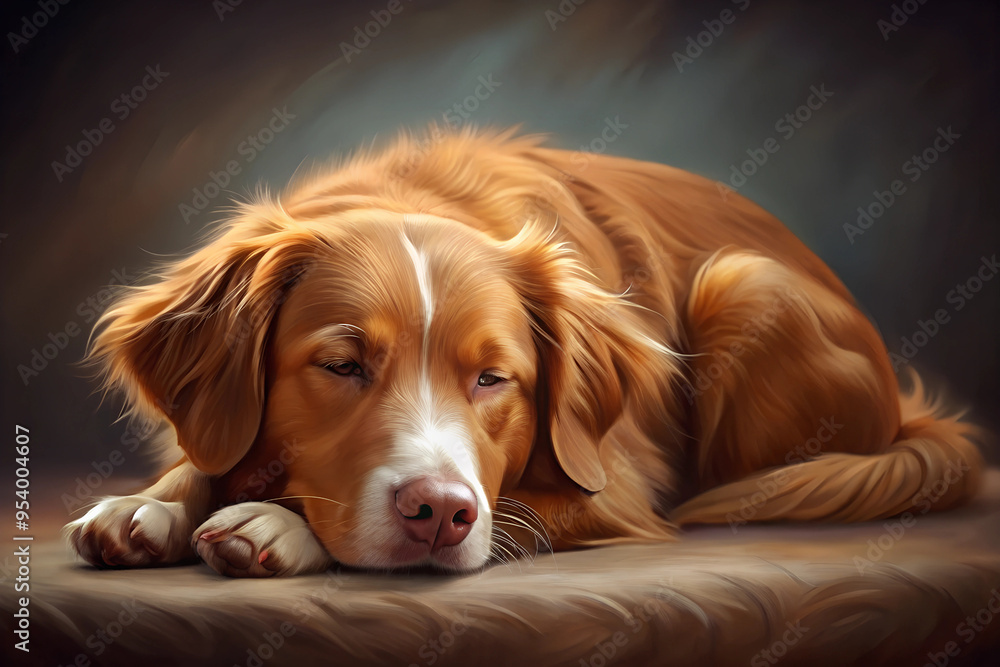 Illustration of Digital Painting of Nova Scotia Duck Tolling Retriever are sleeping, full body