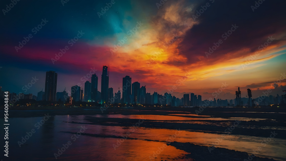 Fototapeta premium Bright colorful background sunset big metropolis in the foreground loss