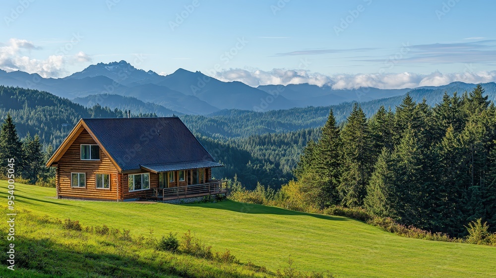 Wooden cabin surrounded by lush forest and majestic mountains under a bright sky, perfect for nature retreats and hiking adventures. Wooden cabin surrounded by lush forest and majestic mountains under a bright sky, perfect for nature retreats and hiking adventures.