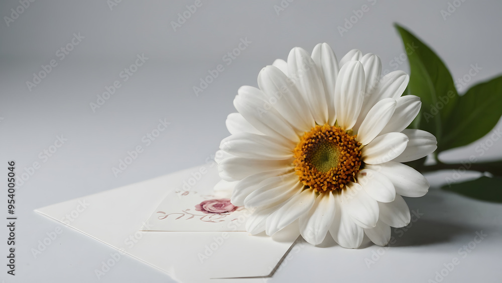 Obraz premium Background for congratulations on a white surface there are business cards for congratulations and a large chamomile flower