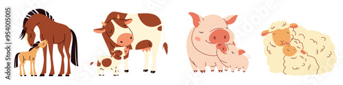 Set of flat vector illustrations. Cute pets with cubs. Horse with foal, pig with piglet, sheep with lamb, cow with calf. Vector illustration