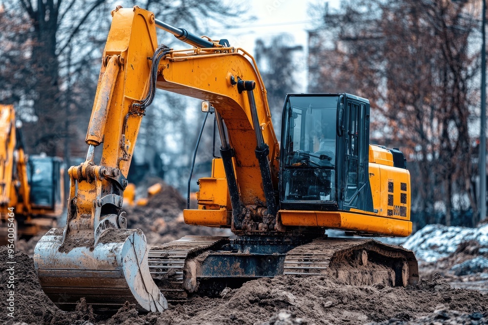 Excavator on a construction site. The yellow construction vehicle is used for digging and moving earth. Excavator on a construction site. The yellow construction vehicle is used for digging and moving earth.