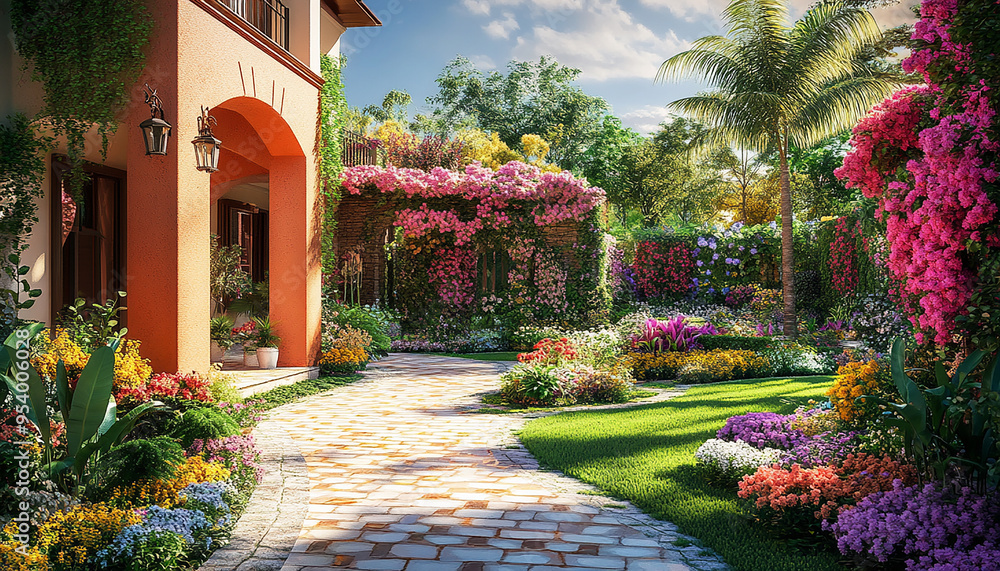 Obraz premium beautiful garden with colourful flower with cottage generated by AI