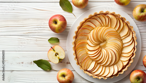 Tarte aux pommes on plate on light wooden table, copy space for text