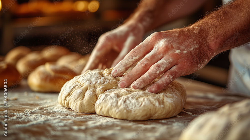 Hands covered in flour, a skilled baker kneads two portions of freshly made dough on a wooden table, creating a warm and inviting environment in the bakery Hands covered in flour, a skilled baker kneads two portions of freshly made dough on a wooden table, creating a warm and inviting environment in the bakery