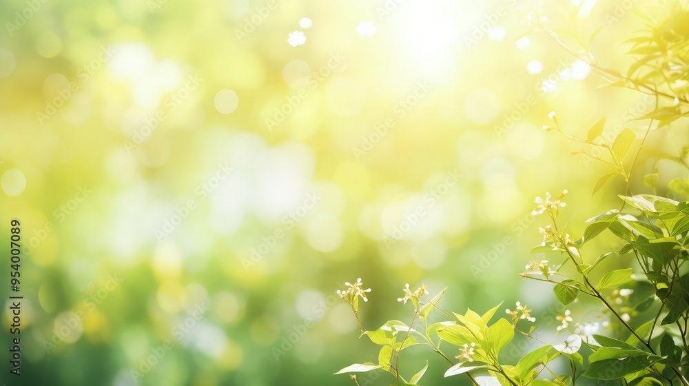 A serene, sunlit background featuring soft green foliage and delicate flowers, perfect for nature-themed designs. A serene, sunlit background featuring soft green foliage and delicate flowers, perfect for nature-themed designs.