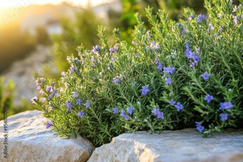 Rosemary plant with purple flowers. Perfect for herbal, nature, and gardening themes.