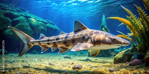 A unique, bottom-dwelling horned shark with distinctive protrusions and patterned skin swims near the ocean floor, its curious gaze fixed on the surrounding marine landscape. photo