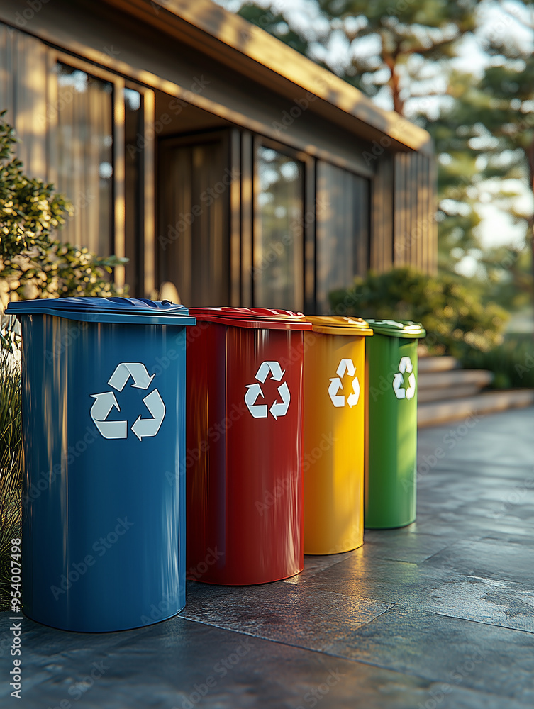 Four vibrant recycling bins are neatly lined up beside a contemporary structure, highlighting a commitment to sustainability in a verdant outdoor setting Four vibrant recycling bins are neatly lined up beside a contemporary structure, highlighting a commitment to sustainability in a verdant outdoor setting
