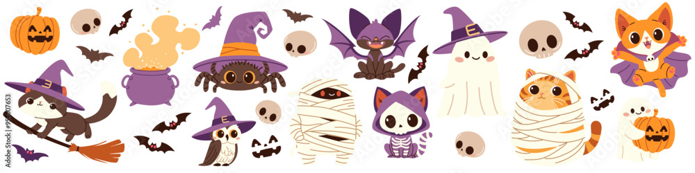 Vector set of cute Halloween illustrations. Cats in different costumes mummy spider ghosts dracula witch owl bat skeletons pumpkin. . Vector illustration Vector set of cute Halloween illustrations. Cats in different costumes mummy spider ghosts dracula witch owl bat skeletons pumpkin. . Vector illustration