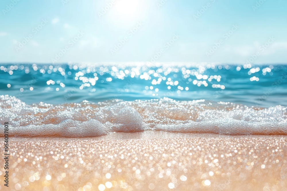 Sparkling ocean waves on sandy shore. Perfect for websites, social media, or marketing materials promoting travel, vacations, and relaxation. Sparkling ocean waves on sandy shore. Perfect for websites, social media, or marketing materials promoting travel, vacations, and relaxation.