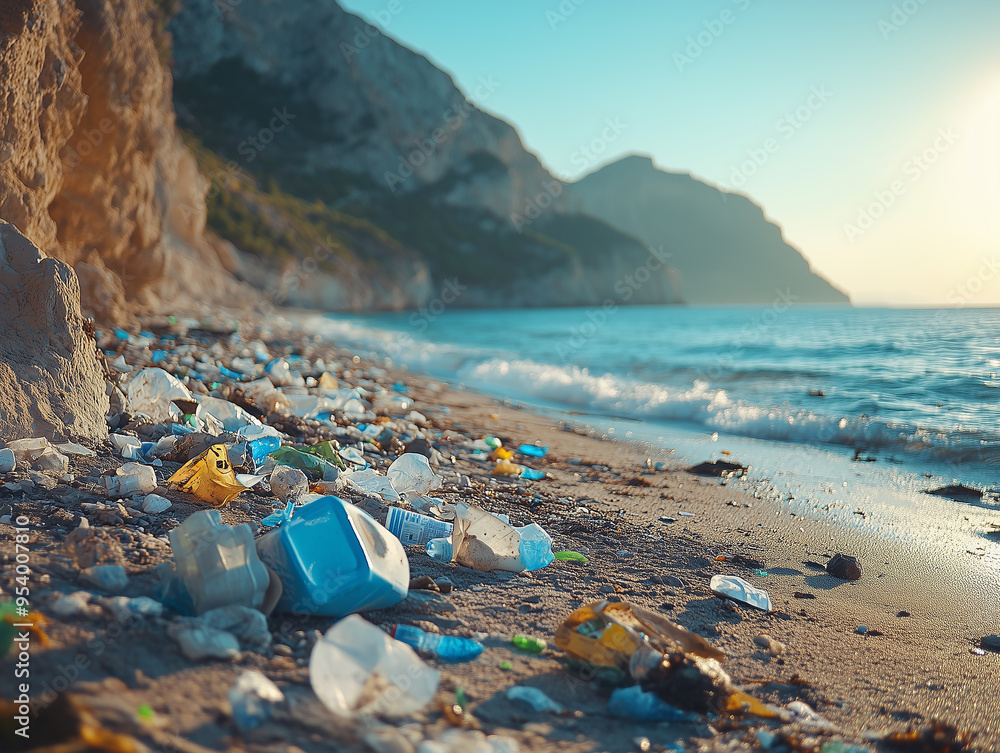 Discarded plastic waste covers the sandy shoreline, reflecting the urgent issue of pollution in coastal areas during sunset, near stunning mountains Discarded plastic waste covers the sandy shoreline, reflecting the urgent issue of pollution in coastal areas during sunset, near stunning mountains