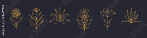 Set of boho simple geometric branch and flowers. Botanic design elements in wavy and vintage style. Leaves and branches print for logo, social media or packaging and greeting card. Vector illustration