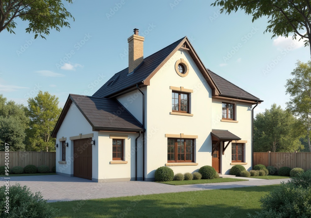 Modern Suburban Home with Attached Garage and Lush Greenery Modern Suburban Home with Attached Garage and Lush Greenery