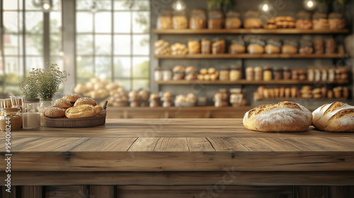 A rustic wooden counter displays freshly baked bread and pastries in a warm bakery setting, surrounded by jars of preserves and shelves filled with baked products. Space for product placement.