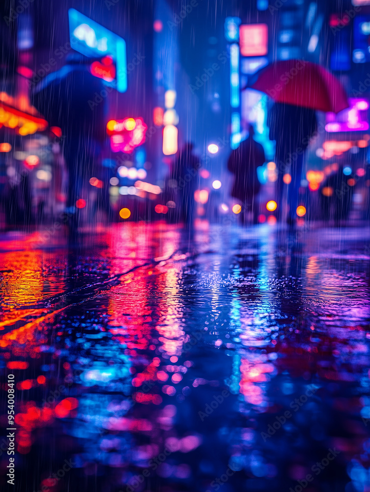 Bright city lights illuminate a rainy street as pedestrians navigate the wet pavement with colorful umbrellas, creating a lively urban atmosphere at night Bright city lights illuminate a rainy street as pedestrians navigate the wet pavement with colorful umbrellas, creating a lively urban atmosphere at night