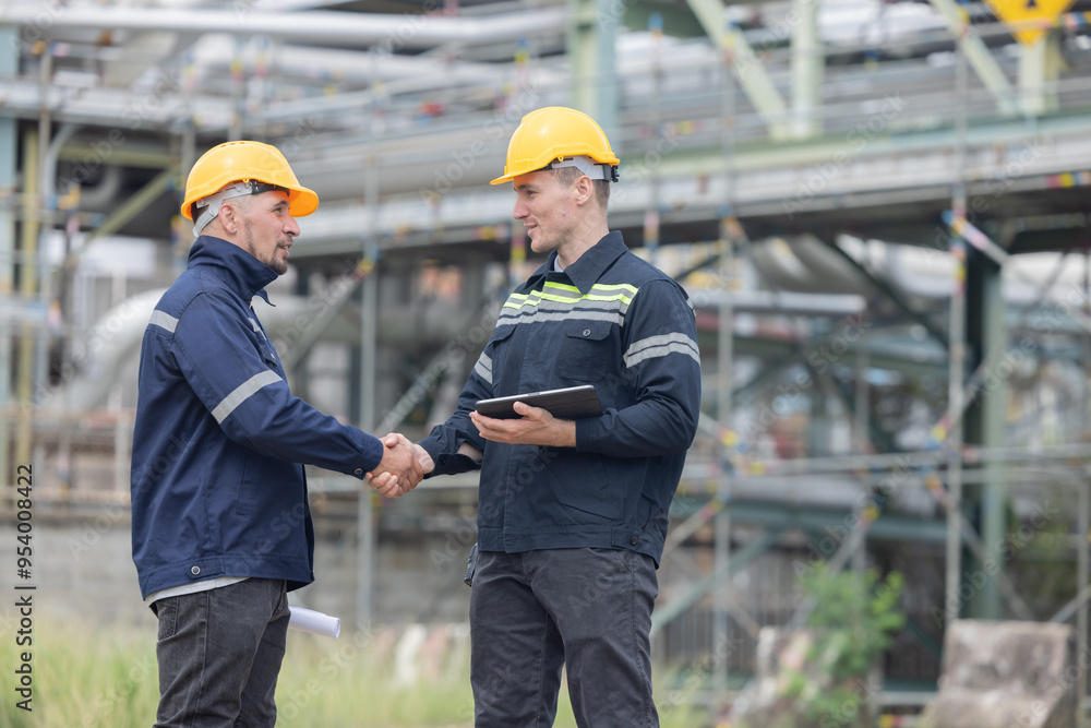 Petroleum engineers having a handshake at oil refinery site Petroleum engineers having a handshake at oil refinery site