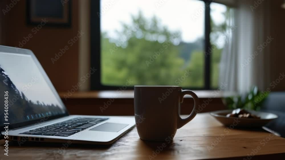 Laptop, Coffee Mug, and Snacks on a Wooden Table by a Window Laptop, Coffee Mug, and Snacks on a Wooden Table by a Window