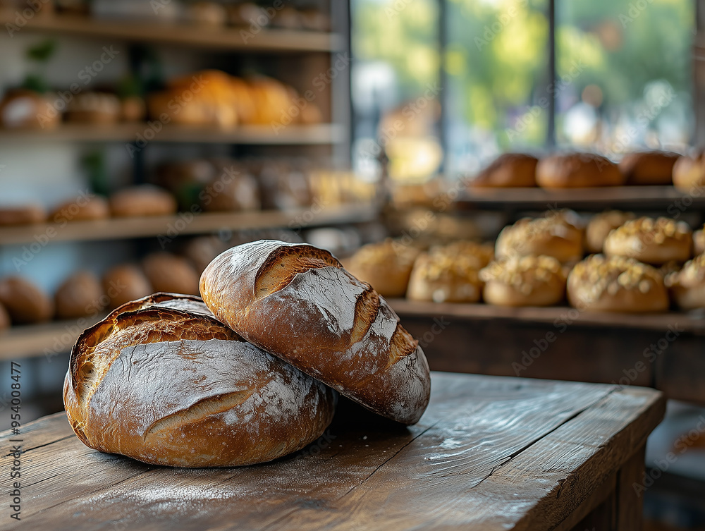 Two crusty artisan bread loaves rest on a rustic wooden table in a bustling bakery. Sunlight filters through large windows, highlighting a variety of loaves in the background Two crusty artisan bread loaves rest on a rustic wooden table in a bustling bakery. Sunlight filters through large windows, highlighting a variety of loaves in the background