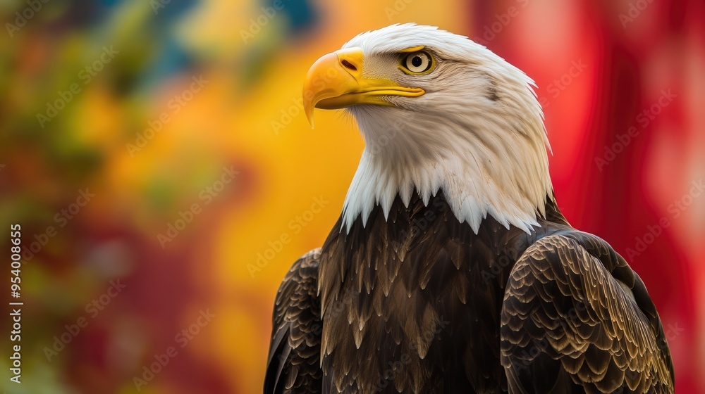Fototapeta premium North American bald eagle on red and yellow background. Symbol of freedom