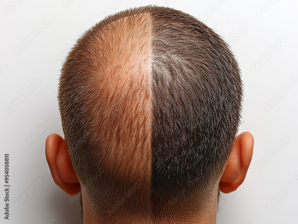 A person stands facing away, showcasing a drastic contrast in hair restoration A person stands facing away, showcasing a drastic contrast in hair restoration