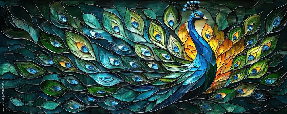 Obraz premium Stained glass: An abstract peacock with elongated feathers, each feather a different shade of blue and green.