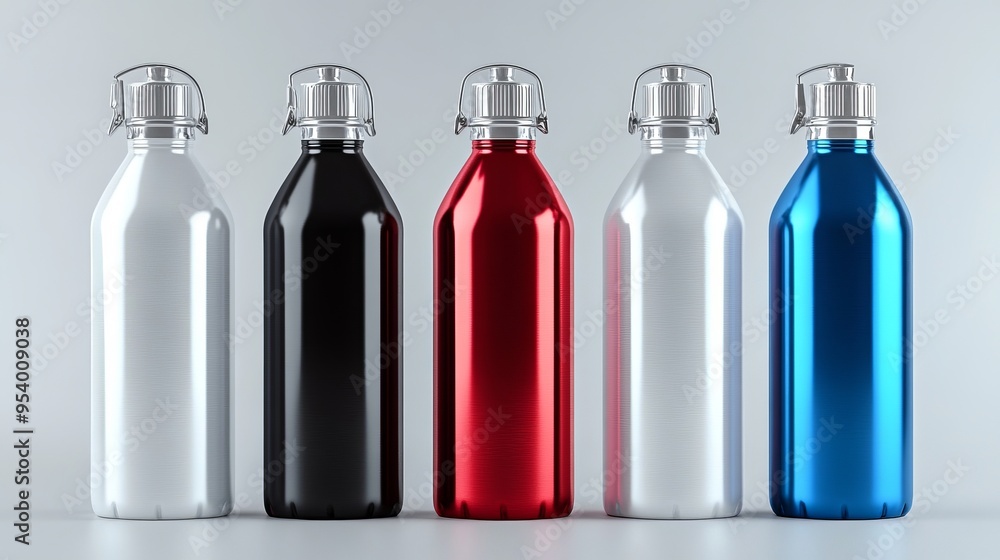 Vector realistic 3D of a set of white, silver, black, red, and blue empty glossy metal reusable water bottles with silver bungs, closeup front view as a design template for packaging mockup Vector realistic 3D of a set of white, silver, black, red, and blue empty glossy metal reusable water bottles with silver bungs, closeup front view as a design template for packaging mockup