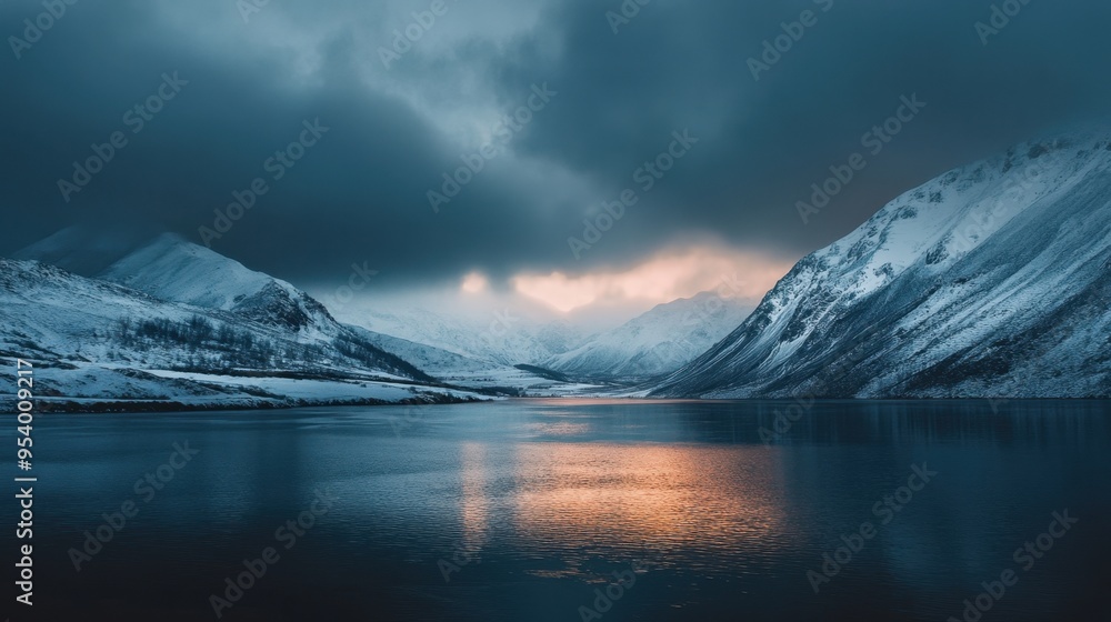 Fototapeta premium A mountain range with a lake in the foreground