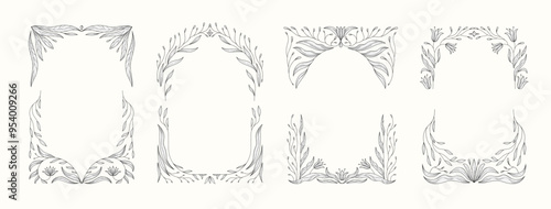 Retro floral frame or cover. Botanic design elements in wavy and naive style. Boho leaves branches and blooming print for poster, social media and packaging or greeting card. Vector illustration