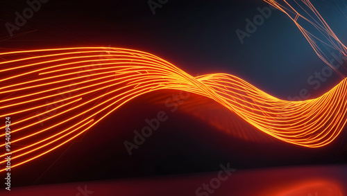 Waves of bright neon orange wire frames wavy across the dark background