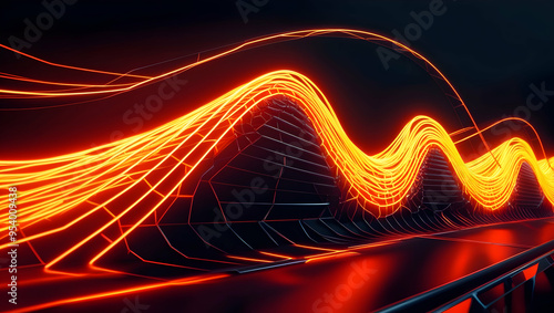 Waves of bright neon orange wire frames wavy across the dark background