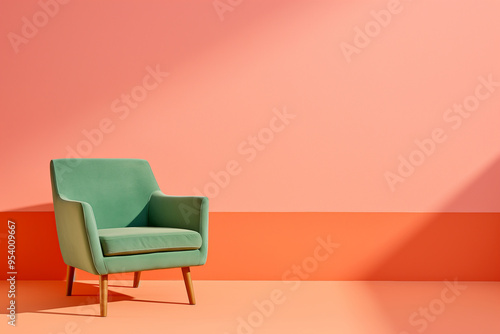 Green armchair on orange wall colorful interior design