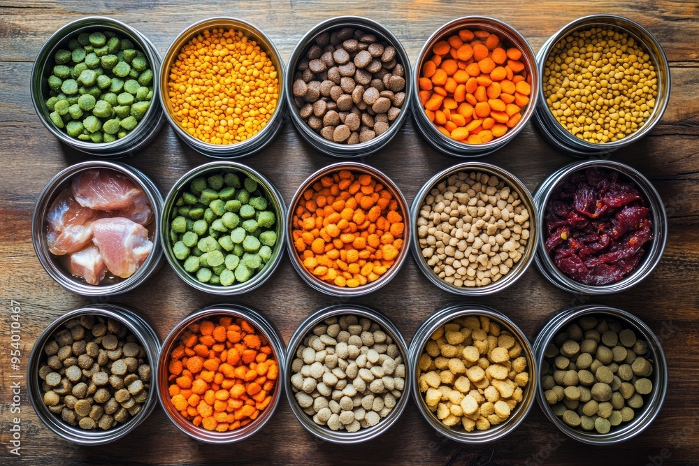 Assortment of pet food in metal bowls. This photo is perfect for pet food brands or articles about pet nutrition. Assortment of pet food in metal bowls. This photo is perfect for pet food brands or articles about pet nutrition.