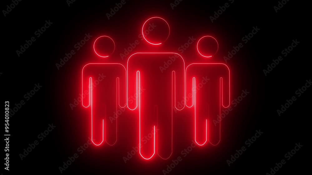 Three red color man icon animated on a black background. Glowing neon person sign. Three red color man icon animated on a black background. Glowing neon person sign.