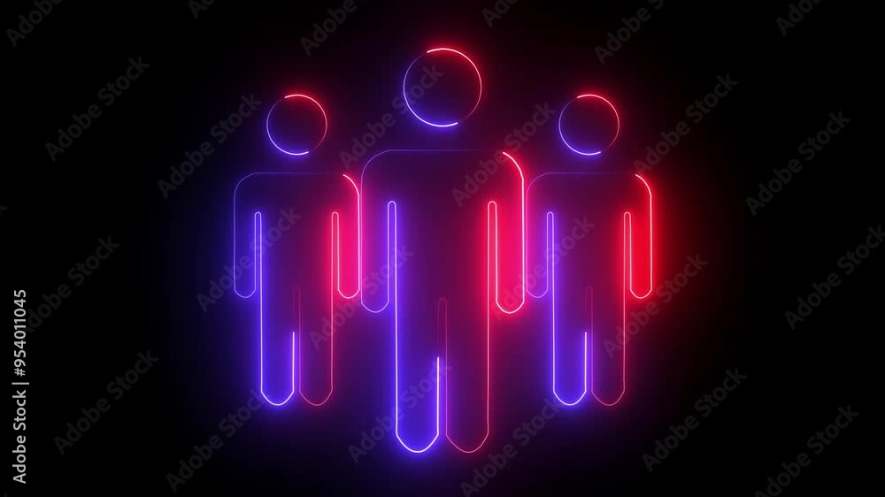 Three red and blue color man icon animated on a black background. Glowing neon person concept. Glowing neon person or people sign animation. Three red and blue color man icon animated on a black background. Glowing neon person concept. Glowing neon person or people sign animation.