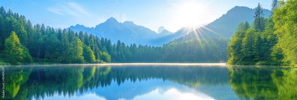 Fototapeta premium lake with clear water and dense tree around, mountain on background