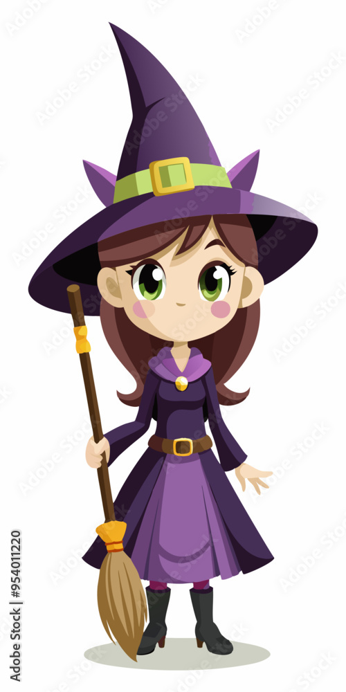 3d Little witch with broom, Happy Halloween holiday. 3d Little witch with broom, Happy Halloween holiday.