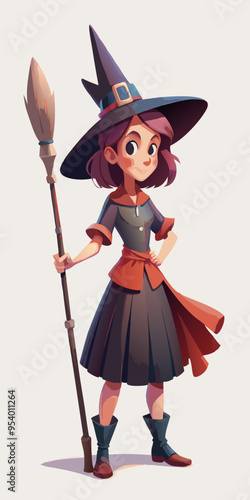 3d Little witch with broom, Happy Halloween holiday.